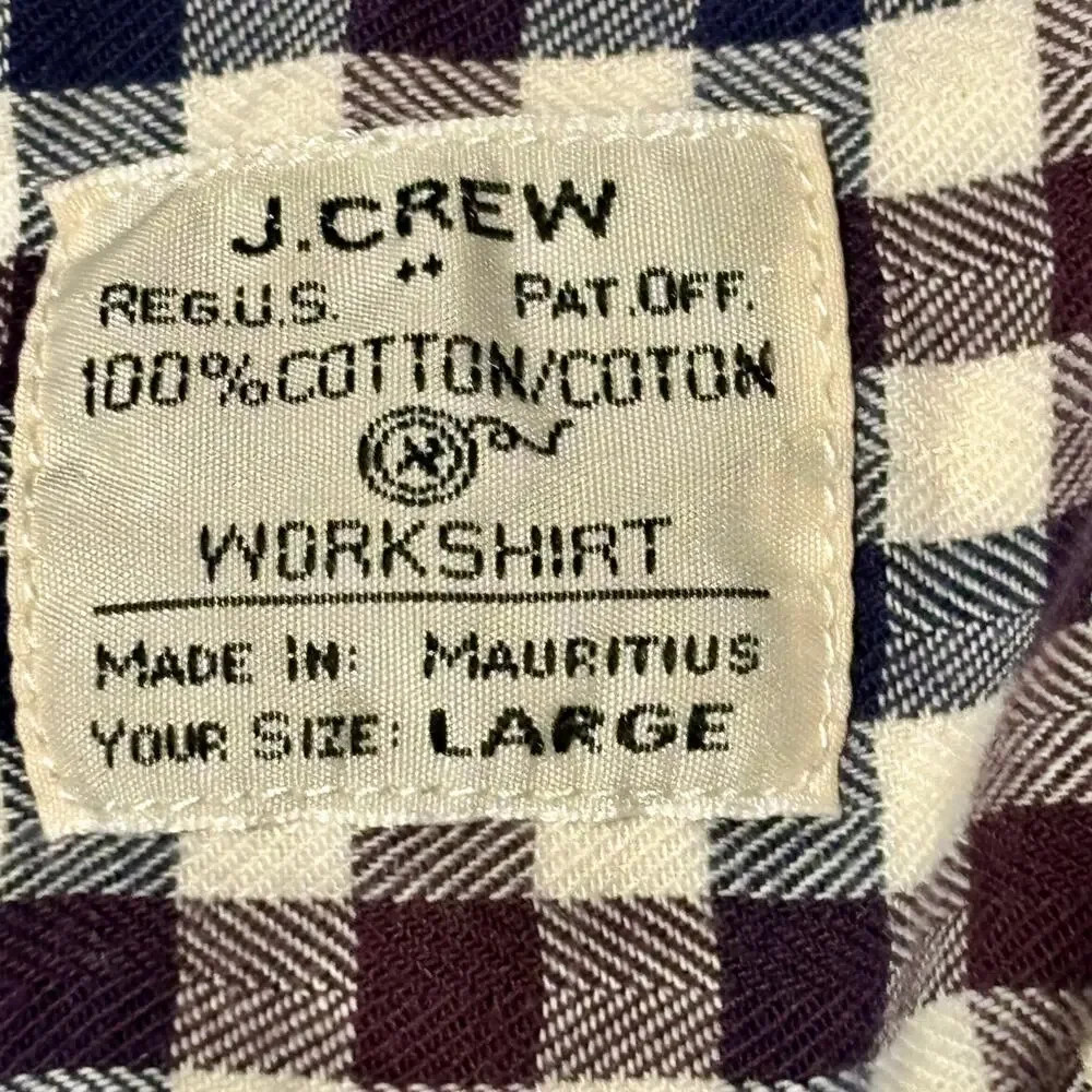 J. Crew Work Shirt Button Down Shirt Men's LG Cotton Navy Wine Gingham Check